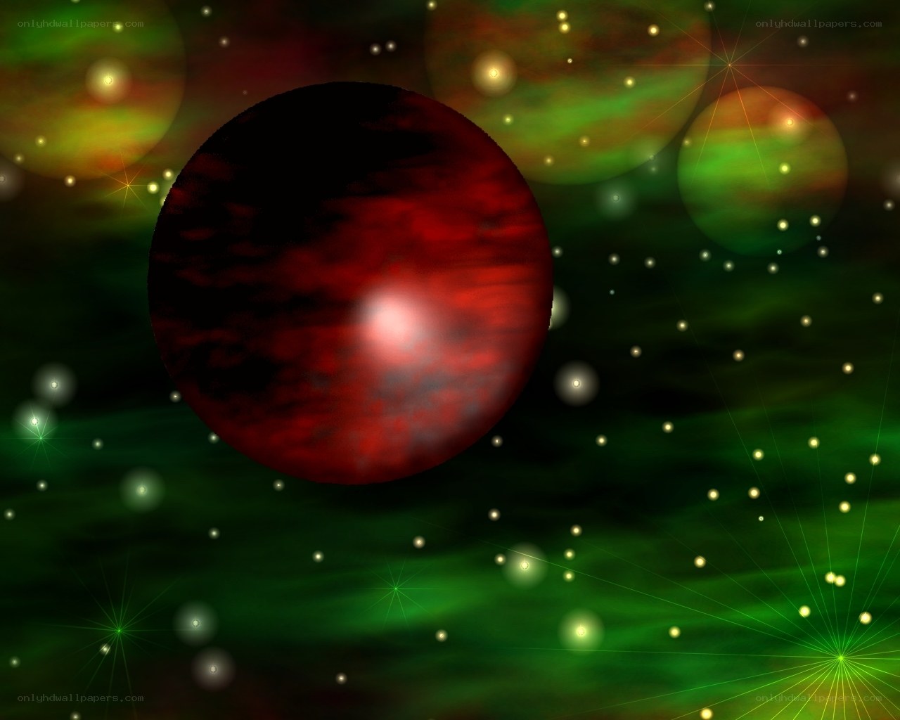 Red planet in green nebula