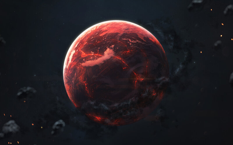 Red Planet in Space — Dramatic, Digital Art, Asteroids, Lava