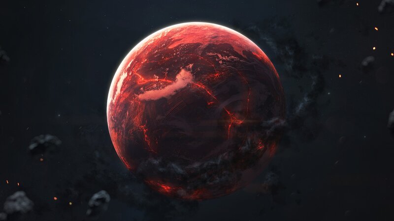 Red Planet in Space — Dramatic, Digital Art, Asteroids, Space Debris