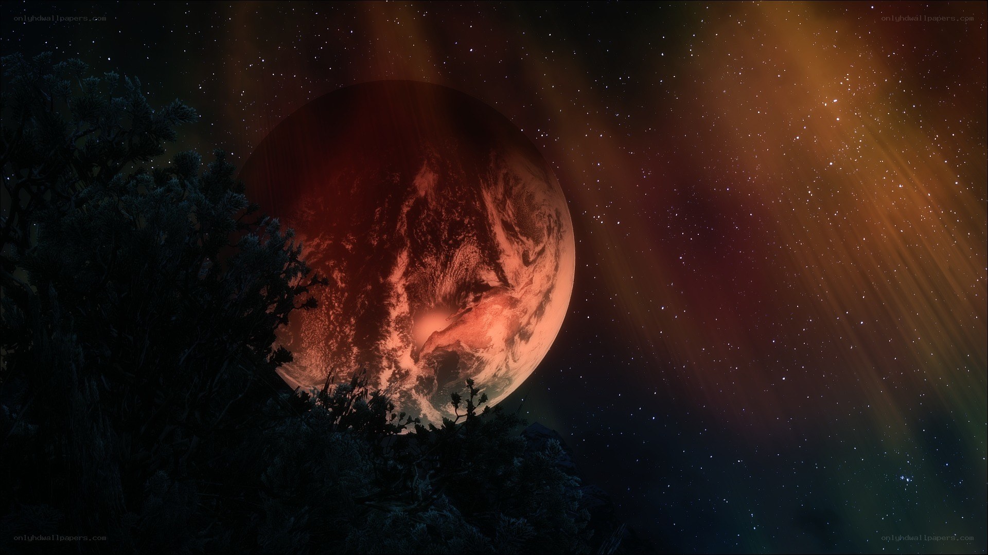 Red planet in starry sky