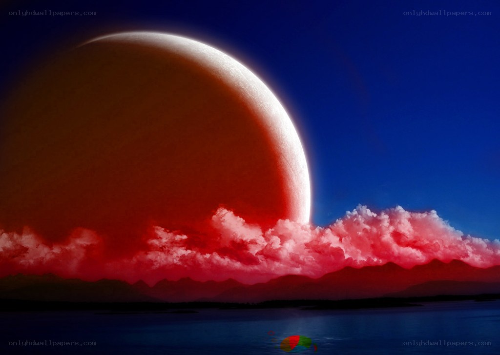 Red planet over a coastal landscape