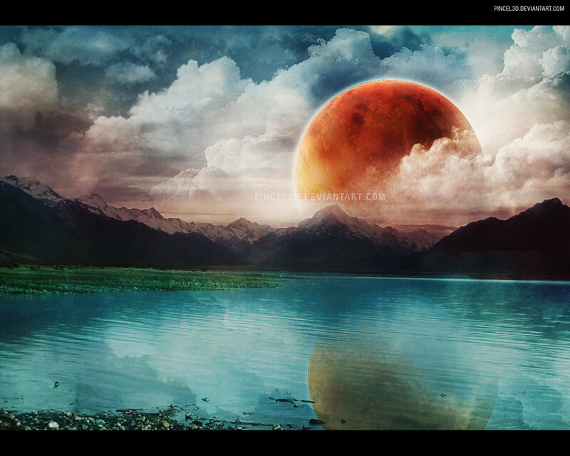 Red planet over mountain lake