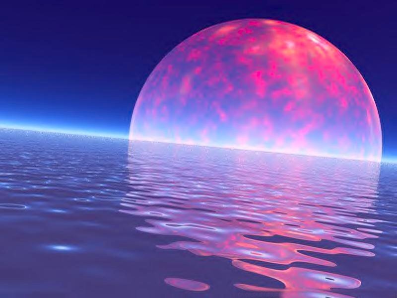 Red planet over ocean
