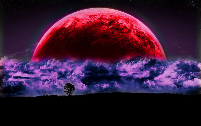 Red planet over purple clouds