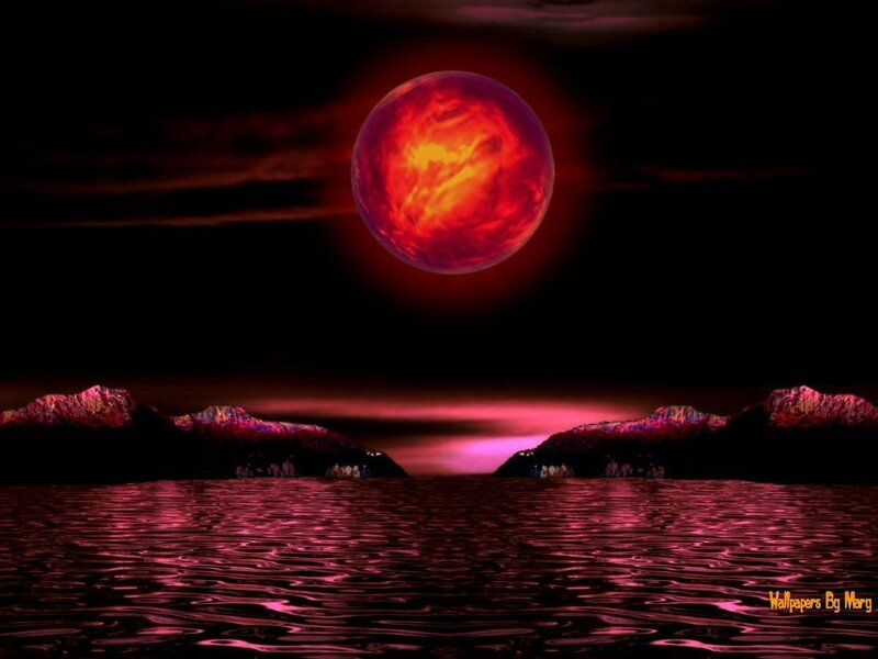 Red Planet over Water — Dramatic, Night, Digital Art, Mountains