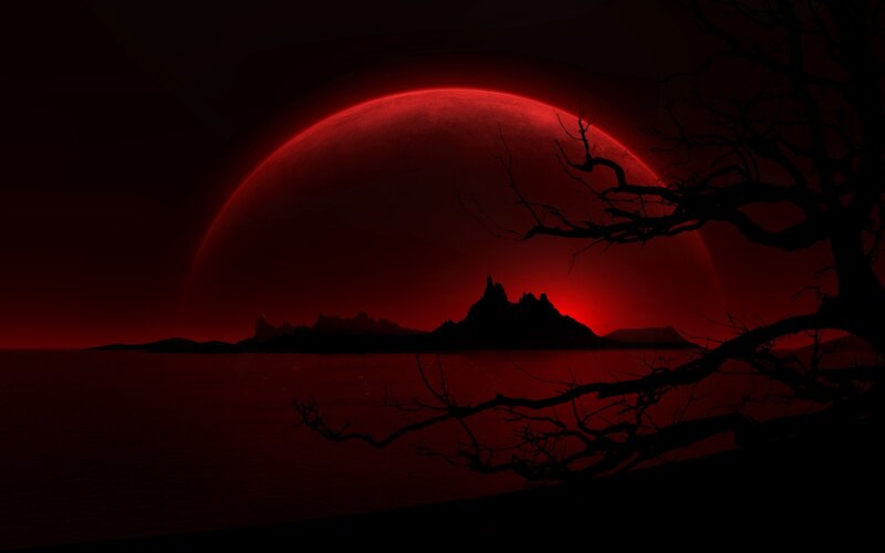 Red Planet over Water — Dramatic, Night, Digital Art, Silhouette