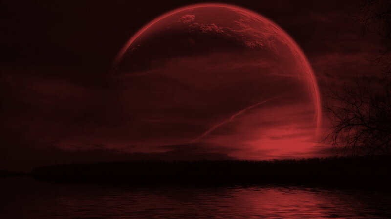 Red Planet over Water — Dramatic, Night, Digital Art, Sky