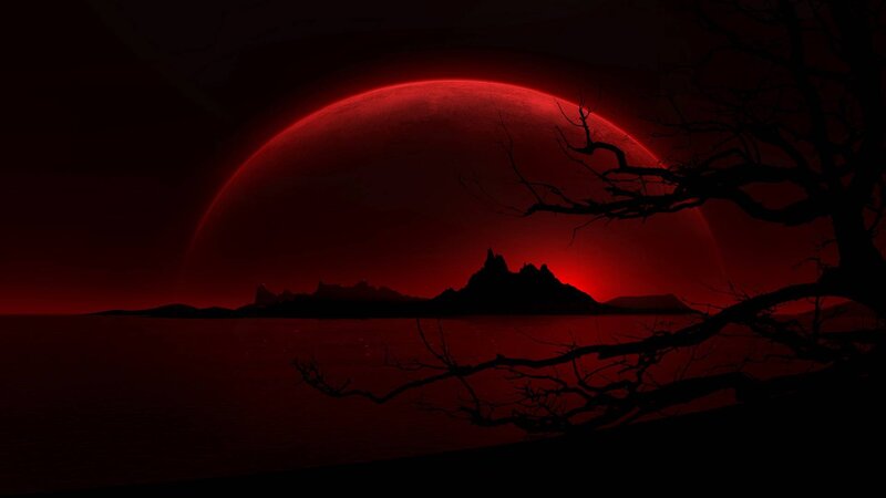 Red Planet over Water — Dramatic, Night, Digital Art, Tree, Island, Sky