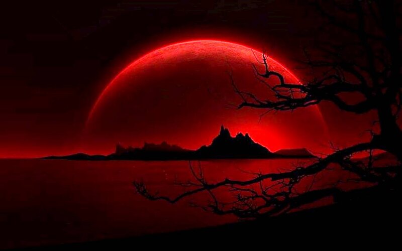 Red Planet over Water — Dramatic, Night, Digital Art, Tree, Mountain