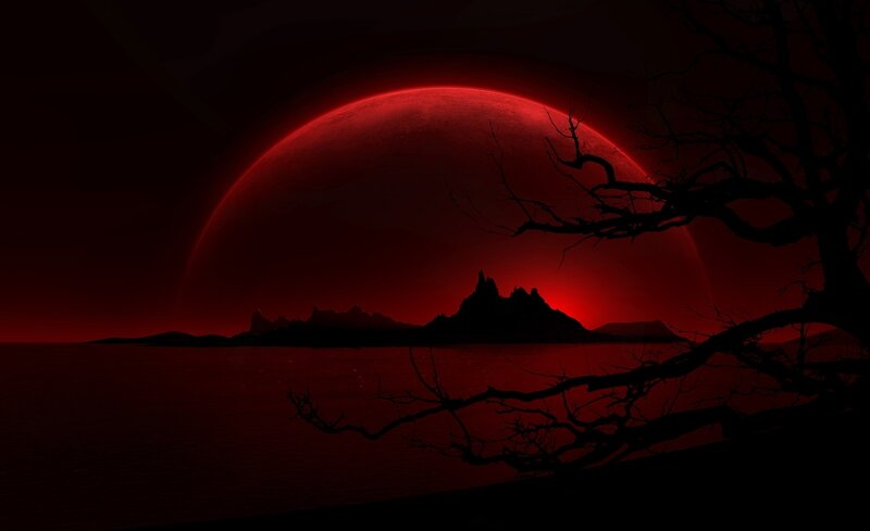 Red Planet over Water — Dramatic, Night, Digital Art, Tree