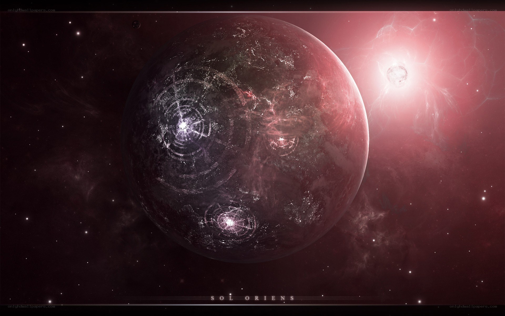 Red planet with glowing structures