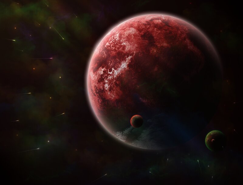 Red planet with moons