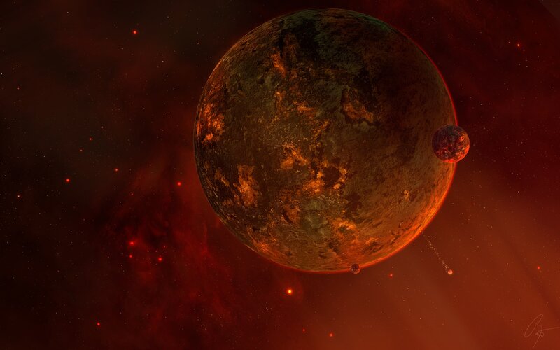 Red planet with moons