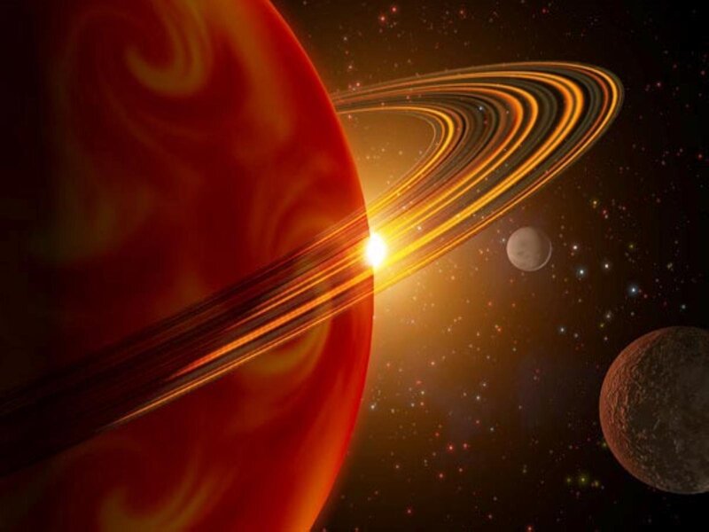 Red planet with rings and moons