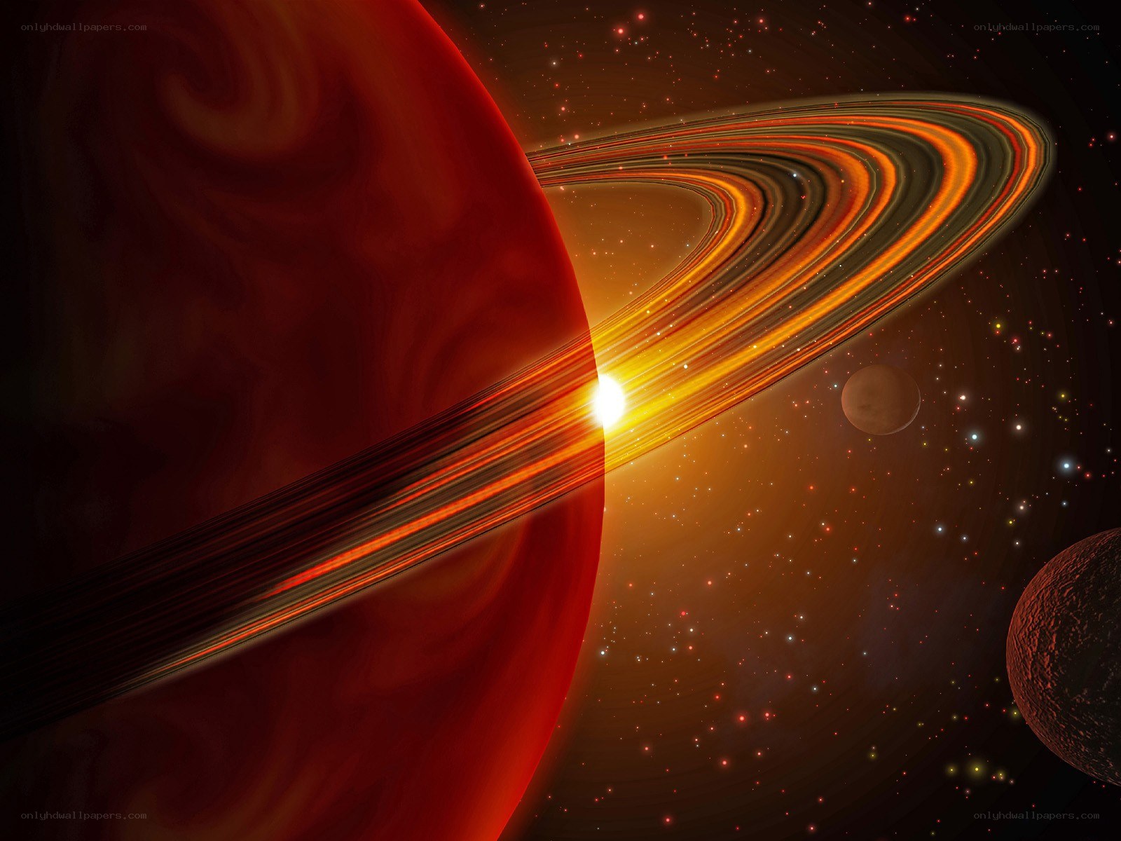 Red planet with rings and moons
