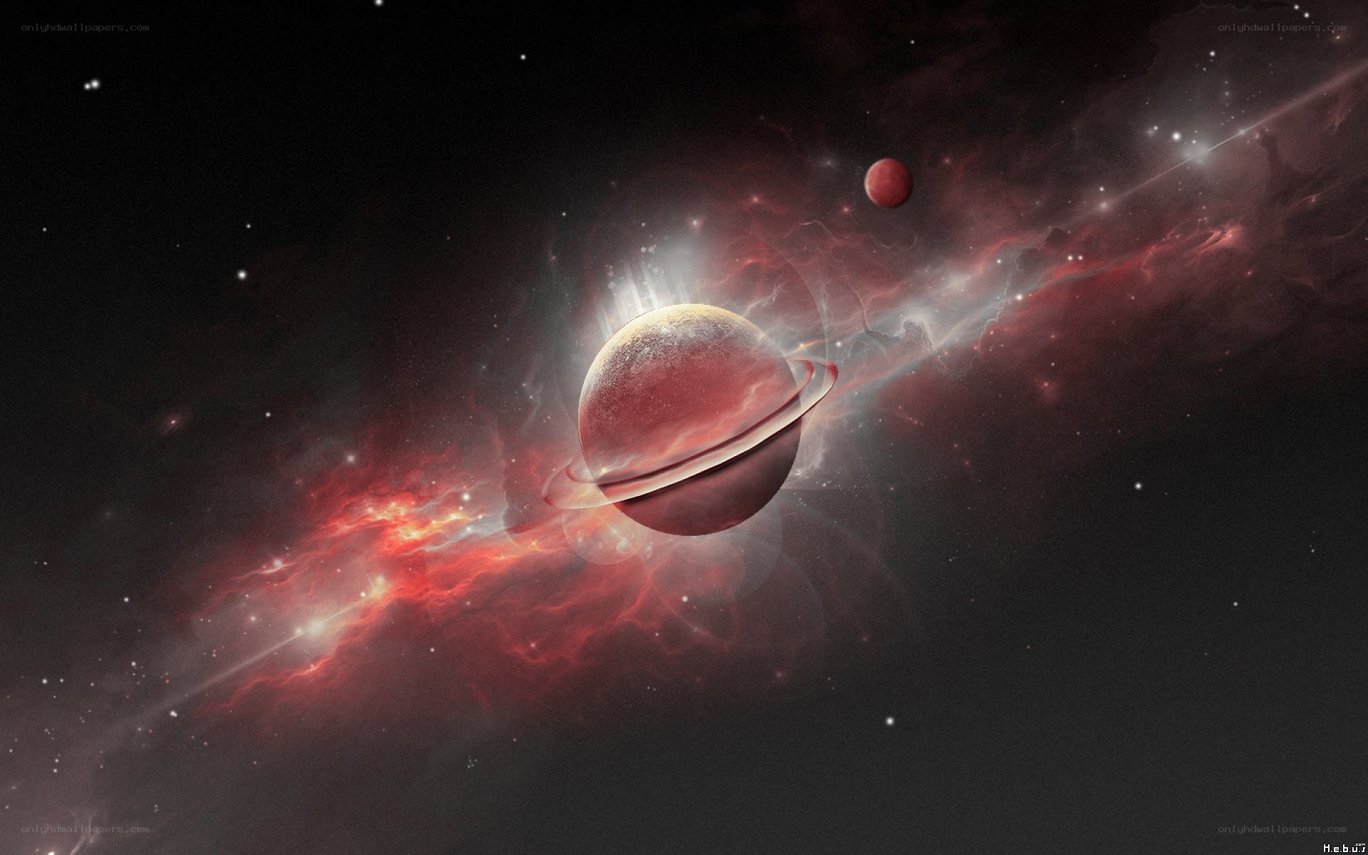 Red planet with rings in space