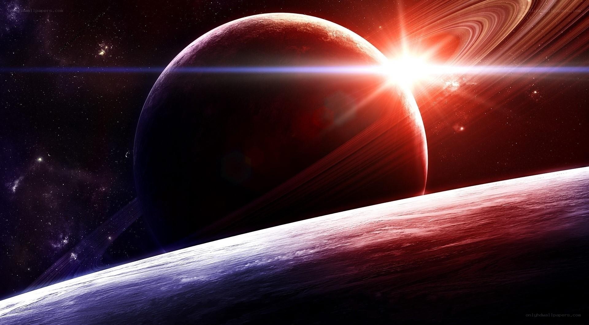 Red planet with rings in space