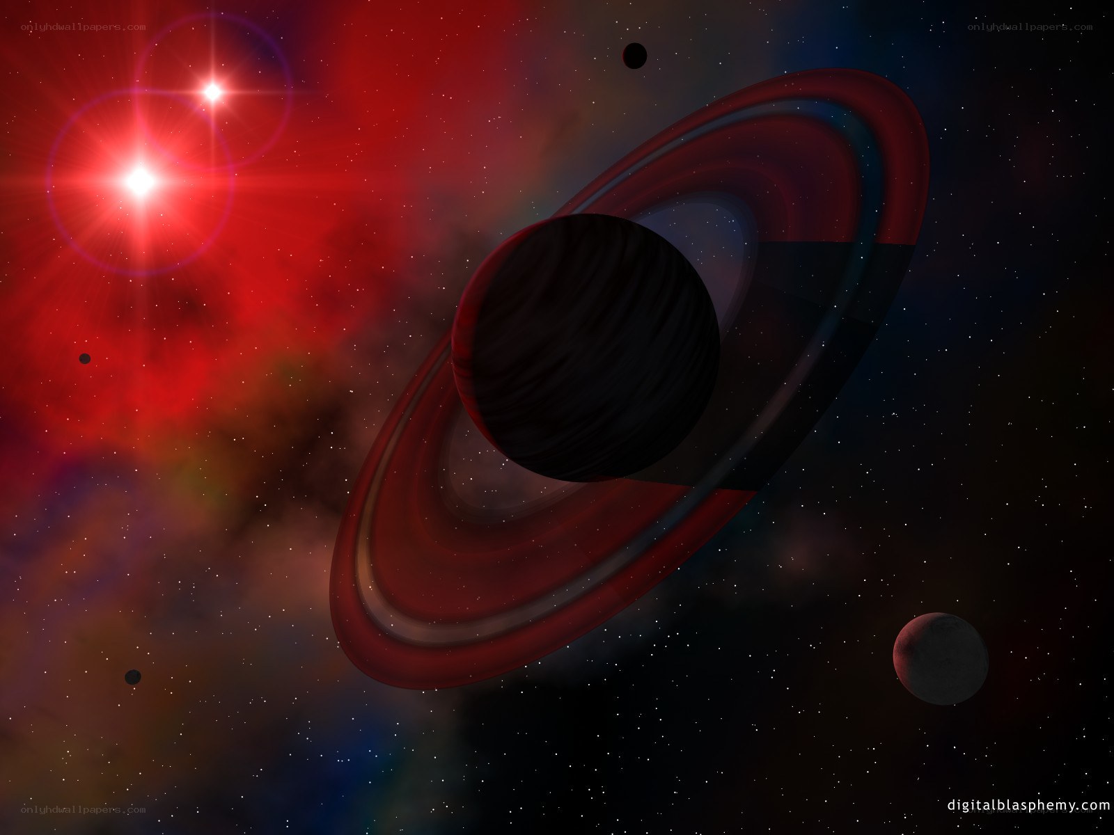 Red planet with rings in space