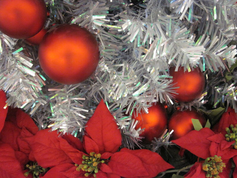 Red Poinsettias and Ornaments — Festive, Winter