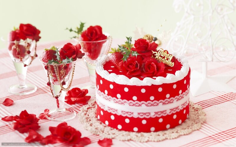 Red Polka Dot Cake — Festive, Photograph, Roses, Strawberries