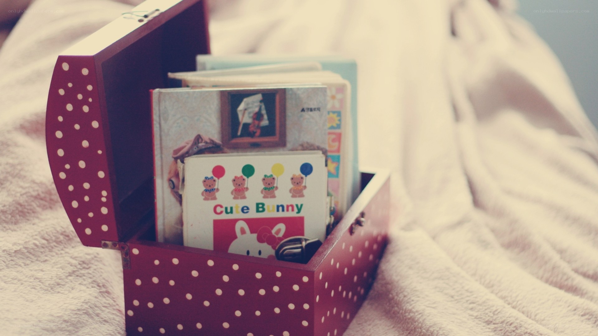 Red polka-dot toy box with books
