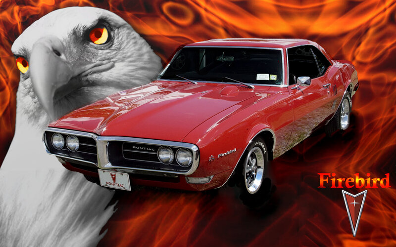 Red Pontiac Firebird with eagle