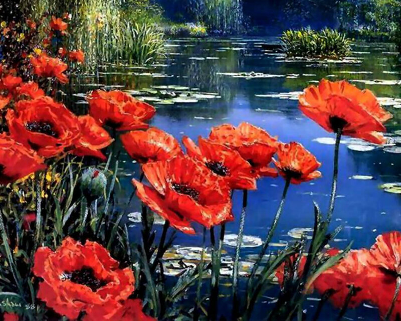 Red Poppies by Pond — Serene, Afternoon, Painting, Lily Pads