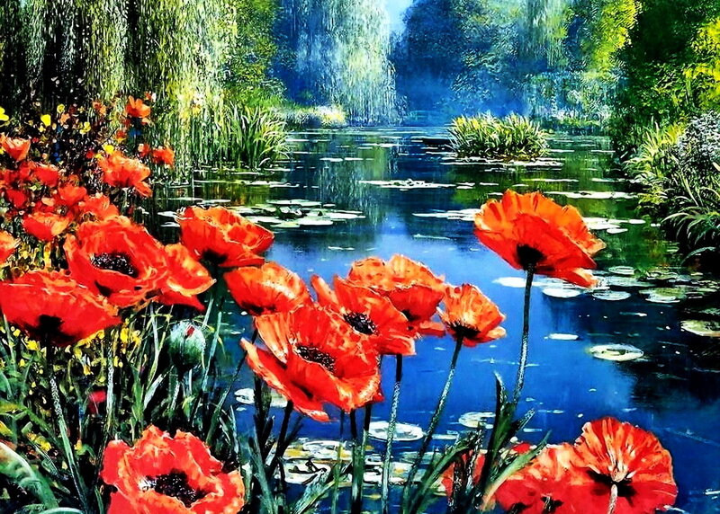 Red Poppies by Pond