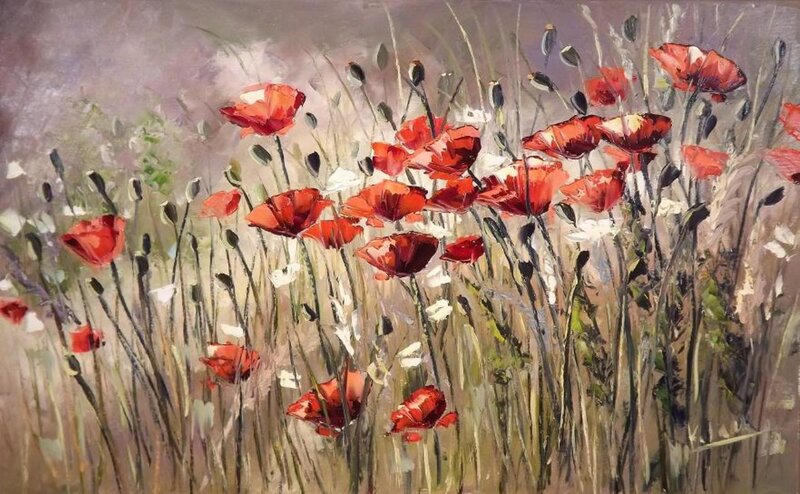Red Poppies in Field — Serene, Spring, Painting