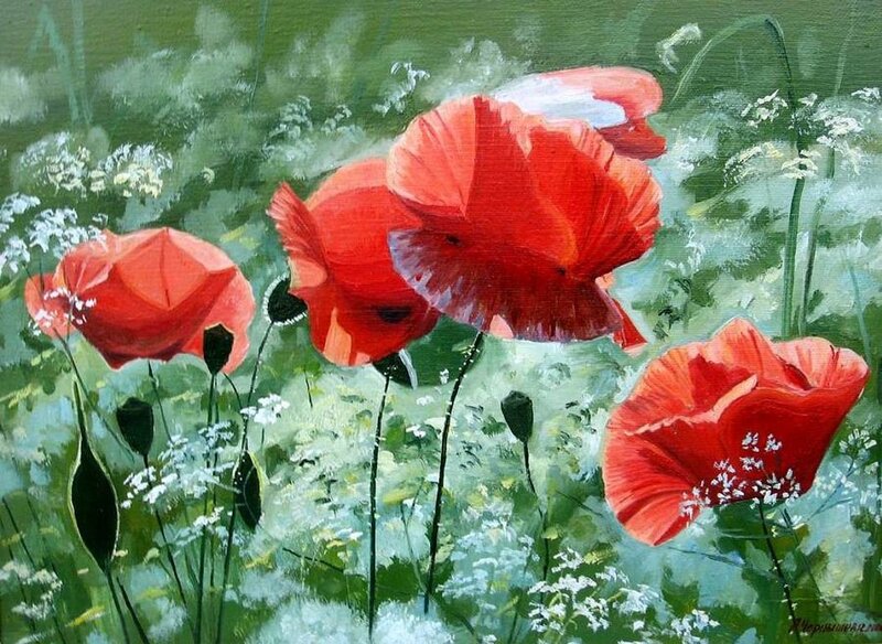 Red Poppies in Field — Serene, Spring, Painting, White Flowers