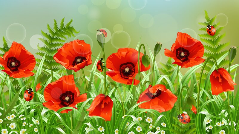 Red Poppies in Grass — Serene, Spring, Digital Art