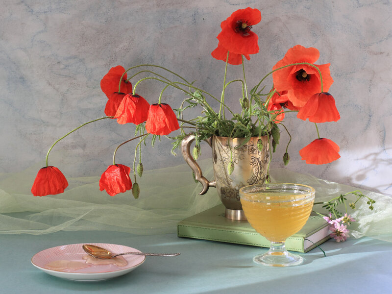 Red Poppies in Silver Pitcher