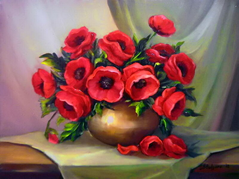 Red Poppies in Vase — Calm, Painting, Tablecloth, Curtain