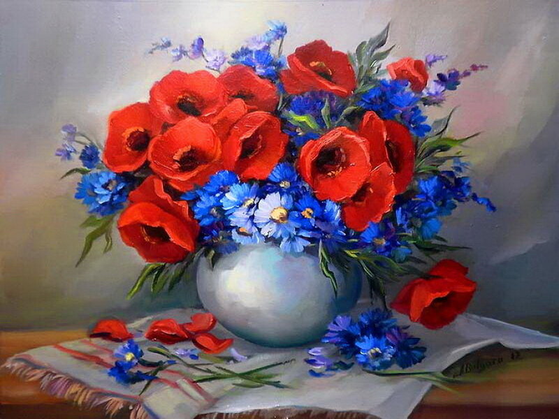 Red Poppies in Vase — Calm, Painting, Tablecloth