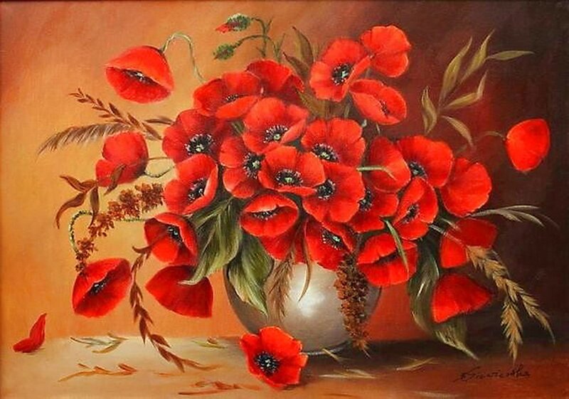 Red Poppies in Vase — Calm, Painting
