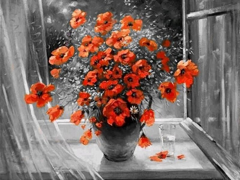 Red Poppies in Vase — Calm, Painting, Window, Curtain