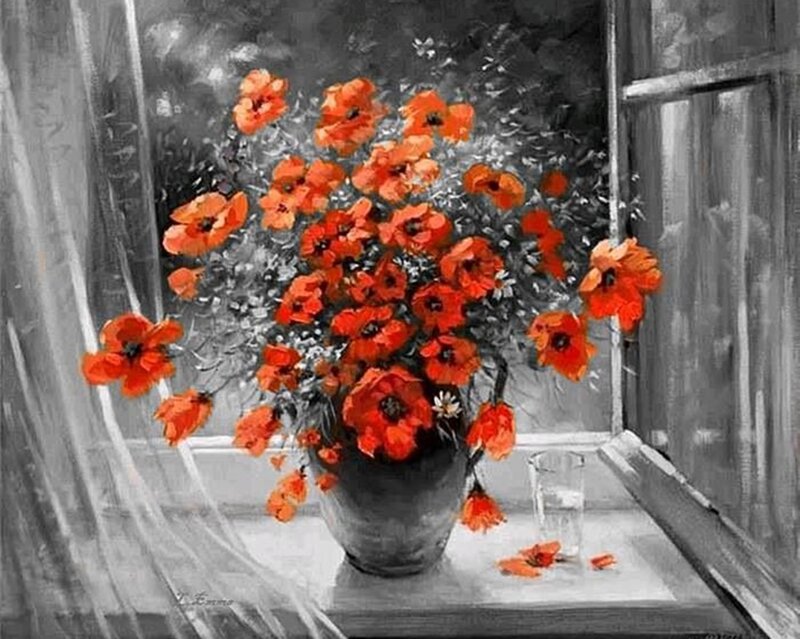 Red Poppies in Vase — Calm, Painting, Window