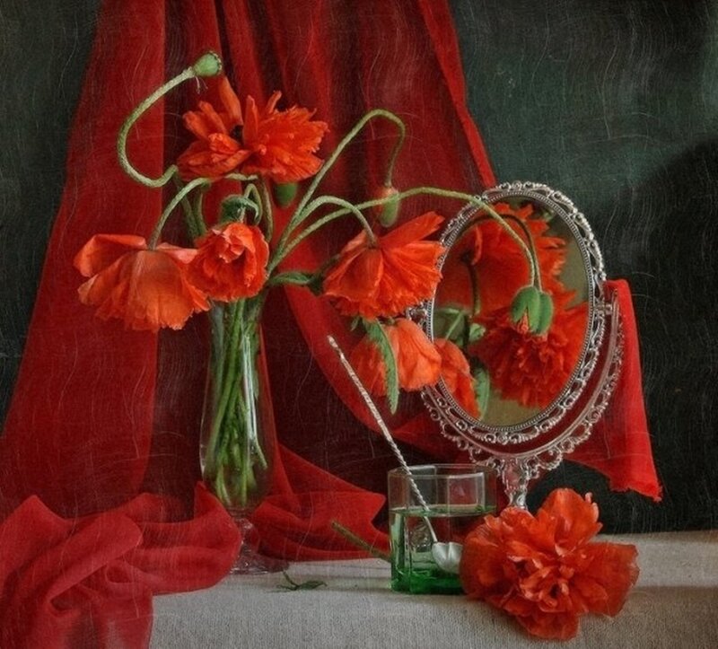 Red Poppies in Vase — Dramatic, Painting