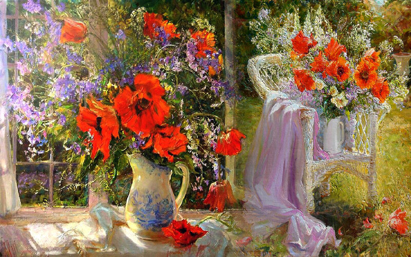 Red Poppies in Vases — Serene