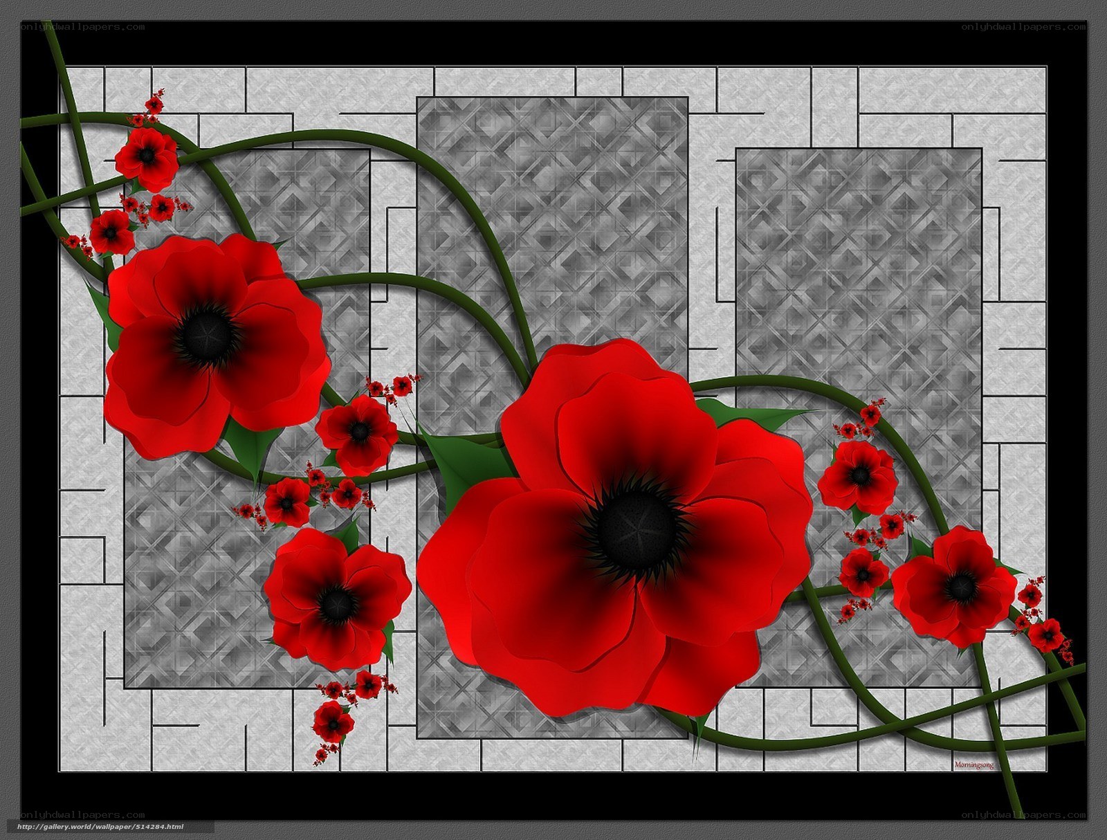 Red poppies on geometric background