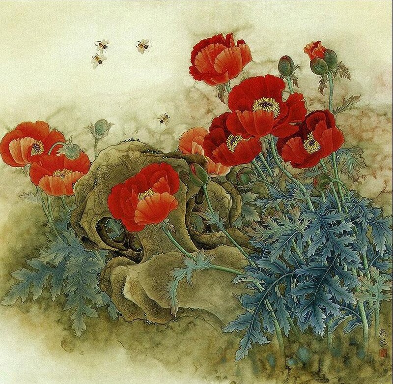 Red Poppies with Bees