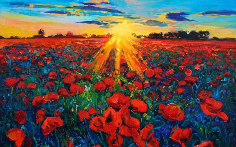 Red Poppy Field — Dramatic, Sunrise, Painting