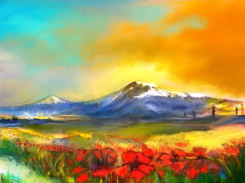 Red Poppy Field — Dramatic, Sunset, Painting, Mountains