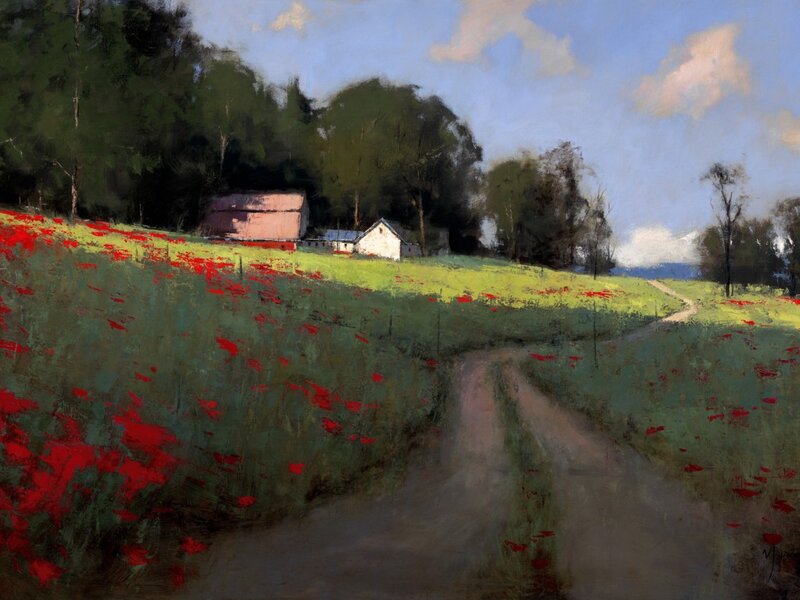 Red Poppy Field — Serene, Afternoon, Painting, Road