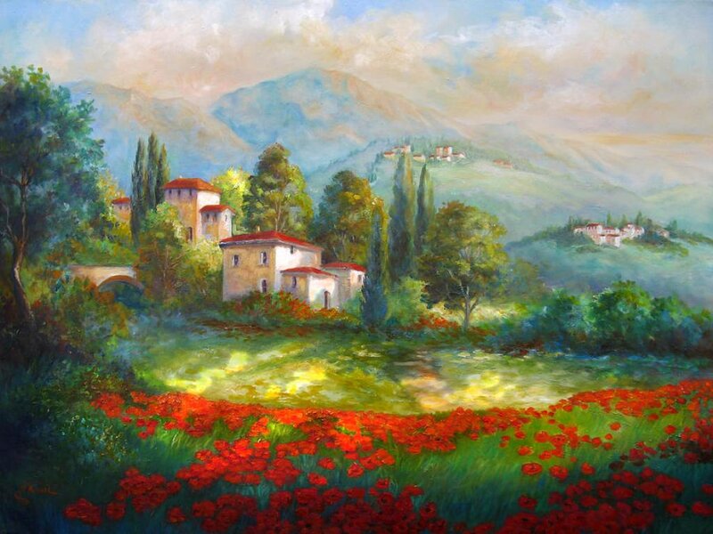 Red Poppy Field — Serene, Afternoon, Painting, Village