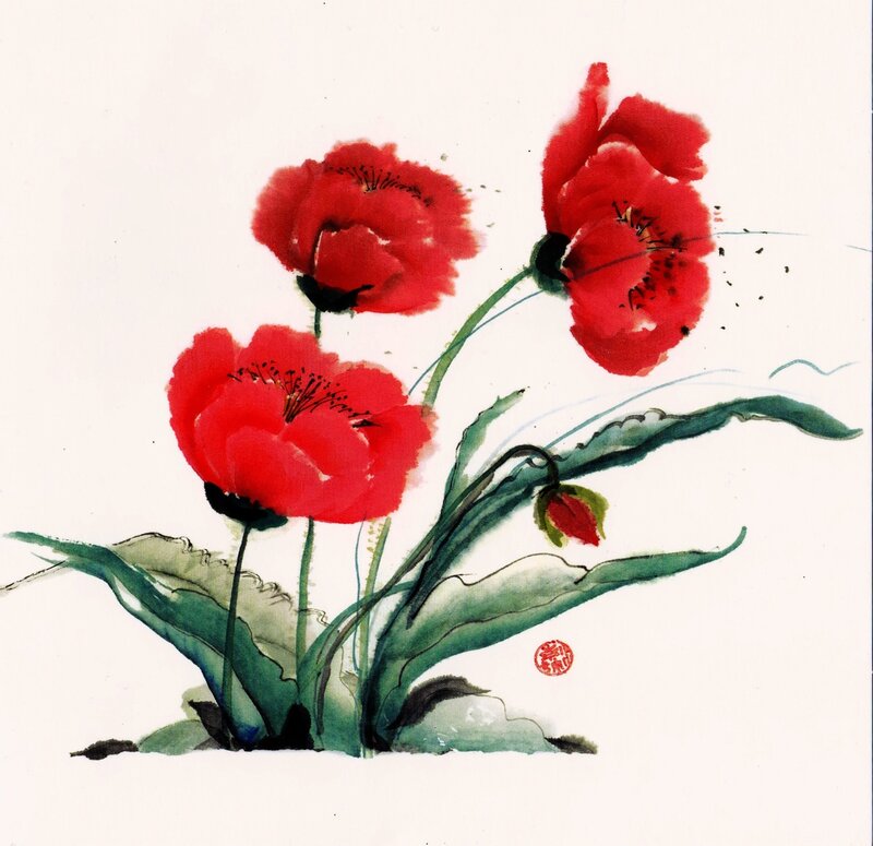 Red Poppy Flowers — Calm, Painting, Green Leaves