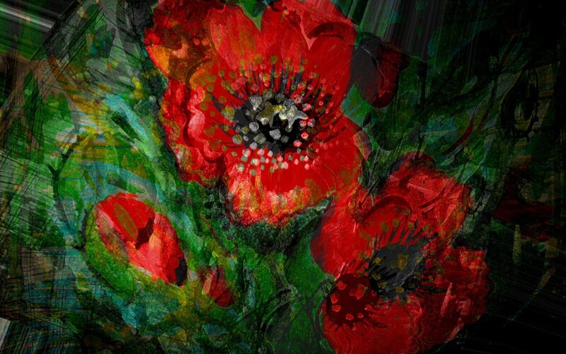 Red Poppy Flowers — Dramatic, Digital Art, Green Leaves