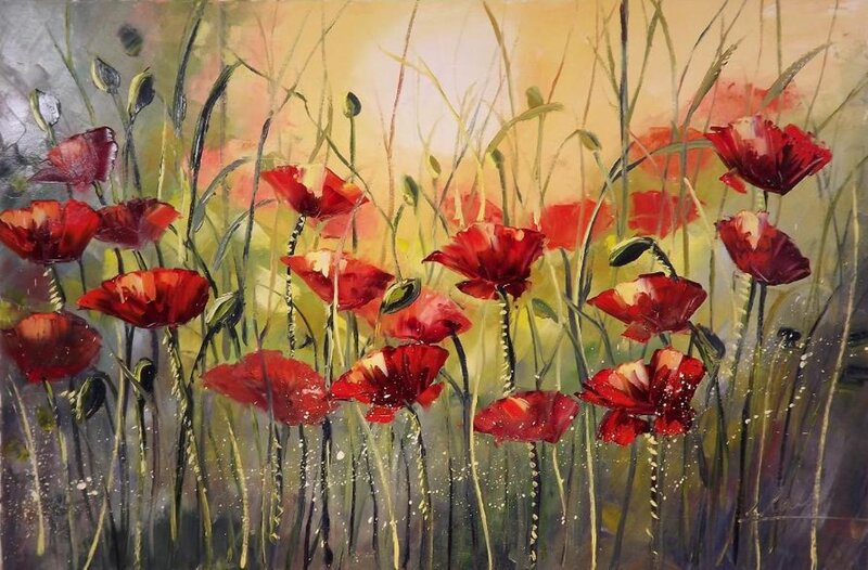 Red Poppy Flowers — Serene, Sunset, Painting