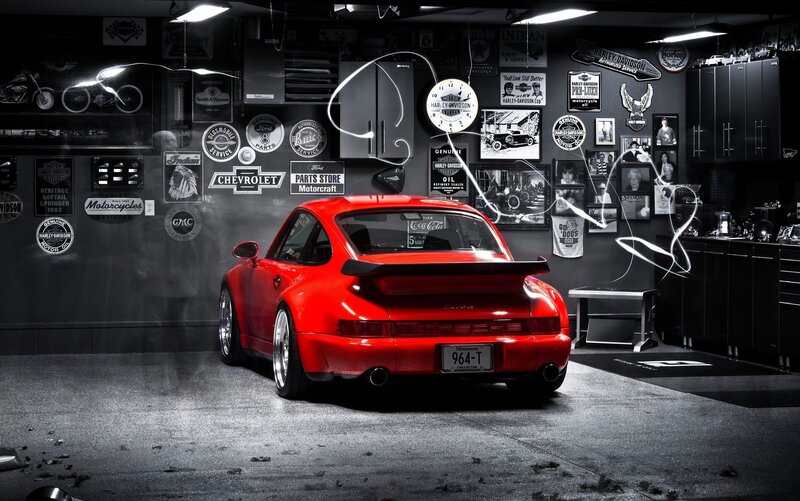 Red Porsche in Garage — Dramatic