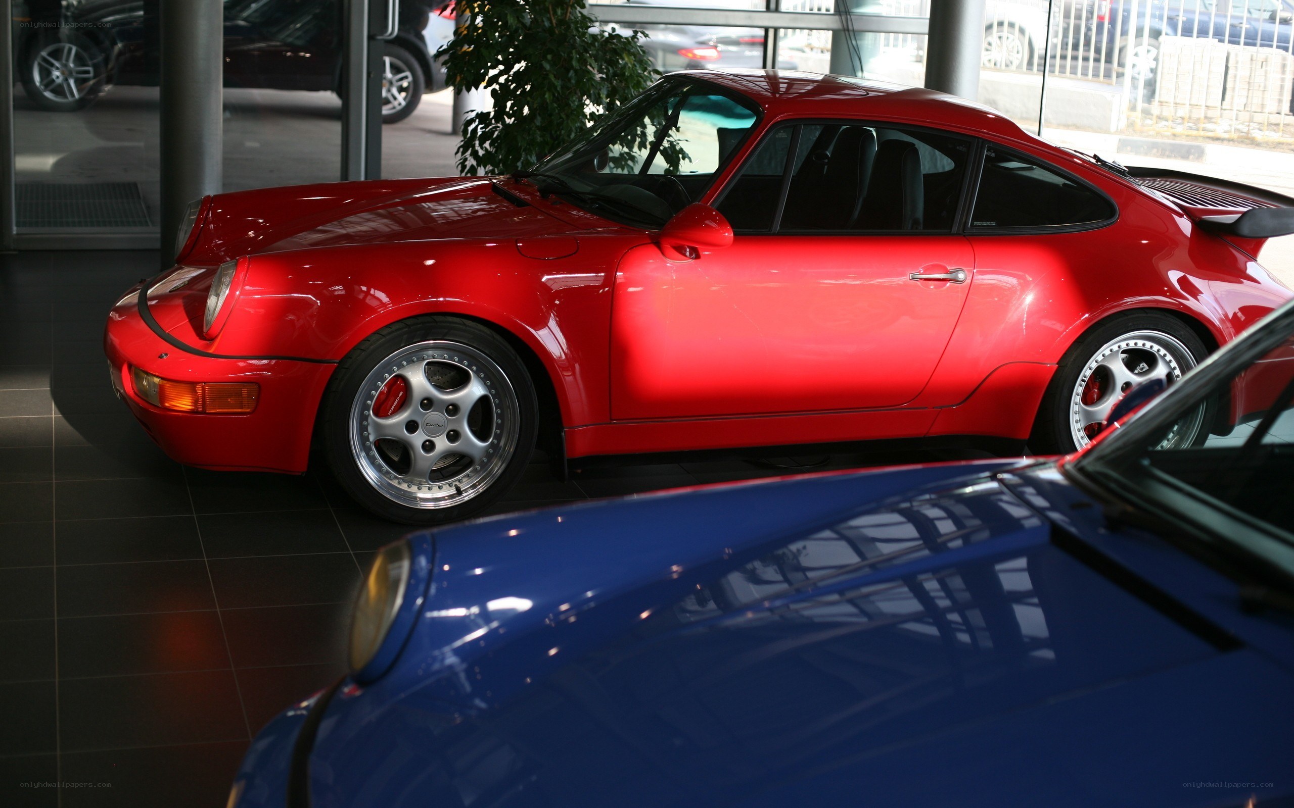 Red Porsche in showroom
